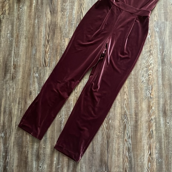 Express Wine Deep Cranberry Red Strapless Velvet Velour Formal Jumpsuit - Picture 3 of 5